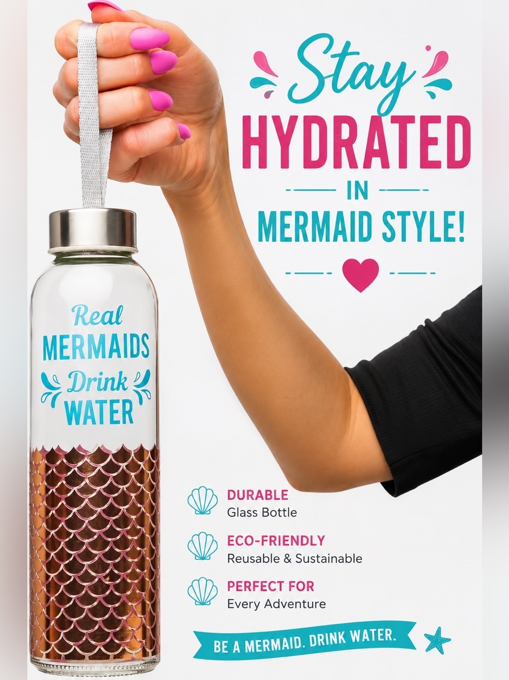 BigMouth Inc. Mermaids Glass Water Bottle, Novelty Water Bottle, 20 Oz